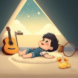 A delightful cartoon of a 10-month-old baby boy with thick black hair, wearing a denim short jumper, lying on a plush carpet in his attic room