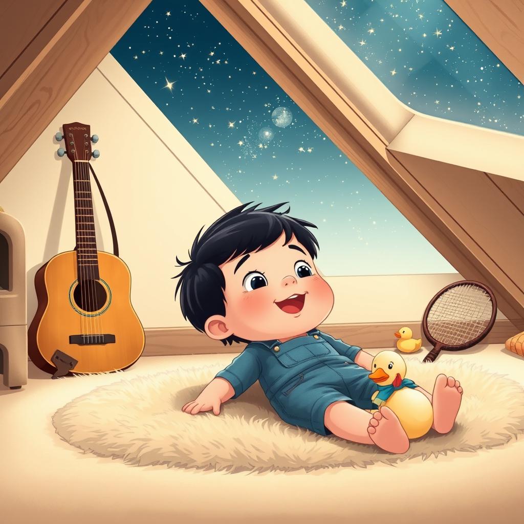 A delightful cartoon of a 10-month-old baby boy with thick black hair, wearing a denim short jumper, lying on a plush carpet in his attic room