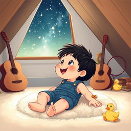 A delightful cartoon of a 10-month-old baby boy with thick black hair, wearing a denim short jumper, lying on a plush carpet in his attic room