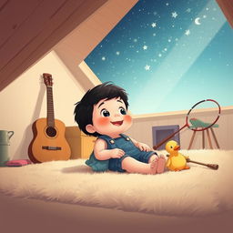 A delightful cartoon of a 10-month-old baby boy with thick black hair, wearing a denim short jumper, lying on a plush carpet in his attic room