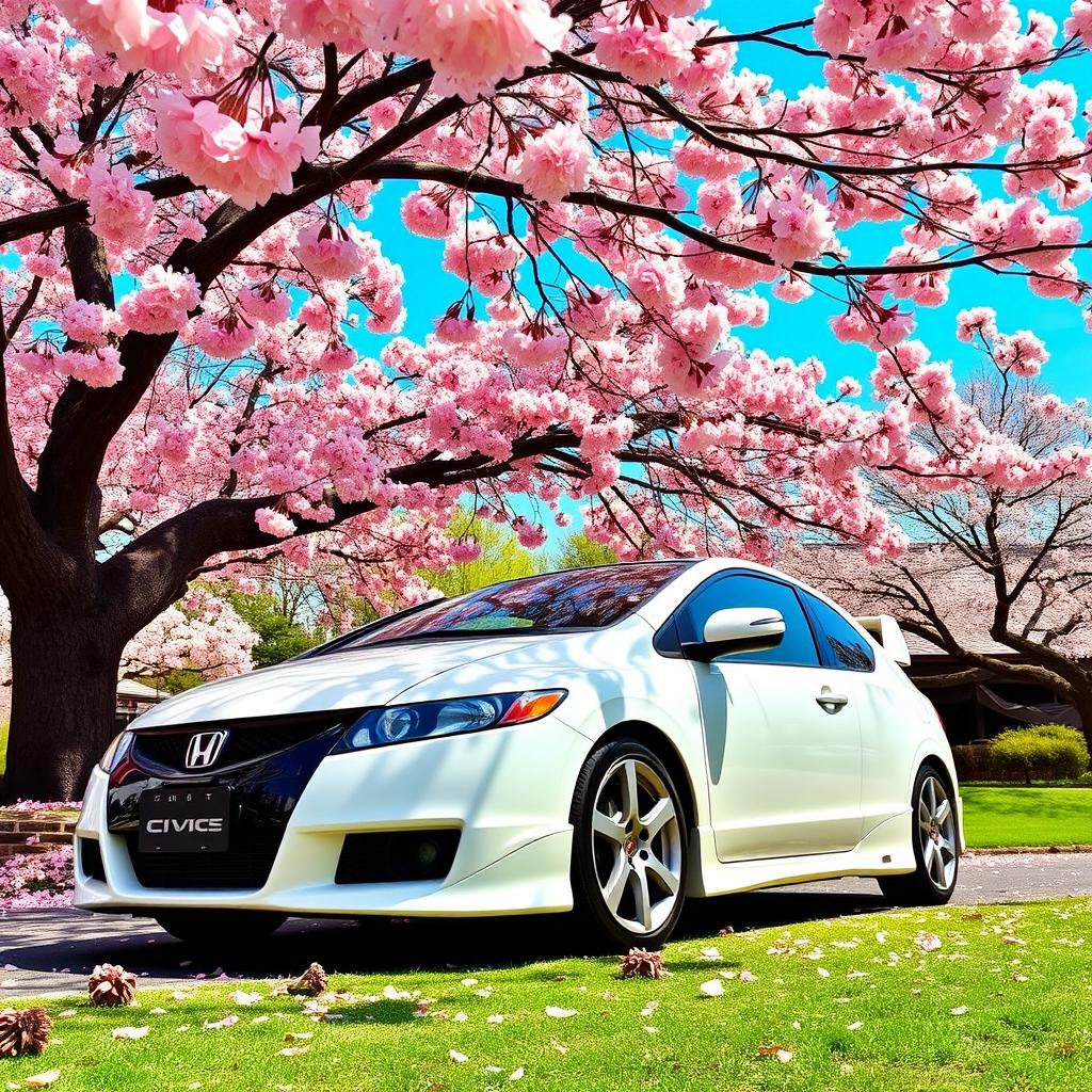 A vibrant 2007 Honda Civic Type R parked under a beautiful Japanese cherry blossom tree, petals gently falling all around