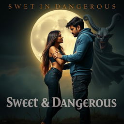 A cinematic fantasy film poster titled 'Sweet & Dangerous', featuring a stunning 27-year-old Indian girl with beautiful long hair, dressed in a modern stylish top and fitted jeans