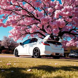 A vibrant 2007 Honda Civic Type R parked under a beautiful Japanese cherry blossom tree, petals gently falling all around