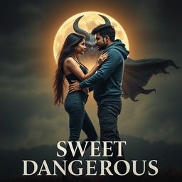 A cinematic fantasy film poster titled 'Sweet & Dangerous', featuring a stunning 27-year-old Indian girl with beautiful long hair, dressed in a modern stylish top and fitted jeans