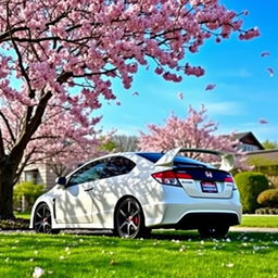 A vibrant 2007 Honda Civic Type R parked under a beautiful Japanese cherry blossom tree, petals gently falling all around