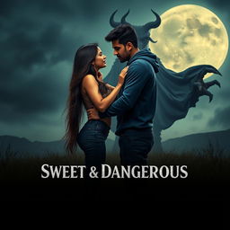 A cinematic fantasy film poster titled 'Sweet & Dangerous', featuring a stunning 27-year-old Indian girl with beautiful long hair, dressed in a modern stylish top and fitted jeans