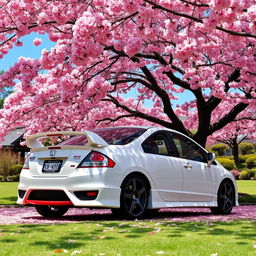 A vibrant 2007 Honda Civic Type R parked under a beautiful Japanese cherry blossom tree, petals gently falling all around