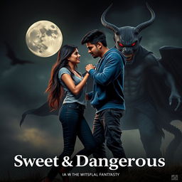 A cinematic fantasy film poster titled 'Sweet & Dangerous', featuring a stunning 27-year-old Indian girl with beautiful long hair, dressed in a modern stylish top and fitted jeans