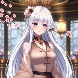 An elegant anime character with long, silky white hair, styled beautifully to exude sophistication