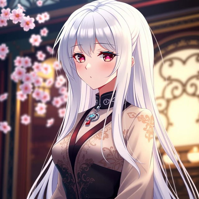 An elegant anime character with long, silky white hair, styled beautifully to exude sophistication