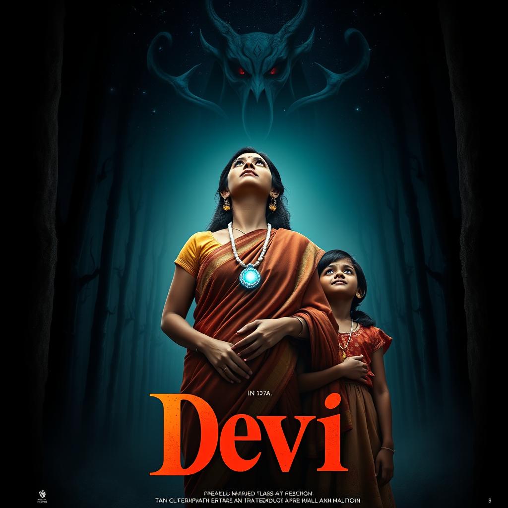 A captivating film poster titled 'Devi', showcasing a beautiful 30-year-old unmarried Indian woman draped in an elegant saari and blouse