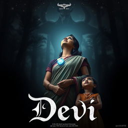 A captivating film poster titled 'Devi', showcasing a beautiful 30-year-old unmarried Indian woman draped in an elegant saari and blouse