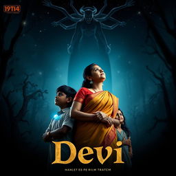 A captivating film poster titled 'Devi', showcasing a beautiful 30-year-old unmarried Indian woman draped in an elegant saari and blouse