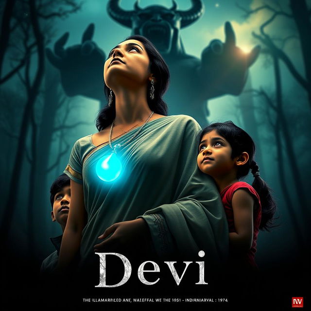 A captivating film poster titled 'Devi', showcasing a beautiful 30-year-old unmarried Indian woman draped in an elegant saari and blouse