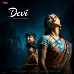 A captivating film poster titled 'Devi', featuring a beautiful 30-year-old unmarried Indian woman dressed in an elegant saari and blouse