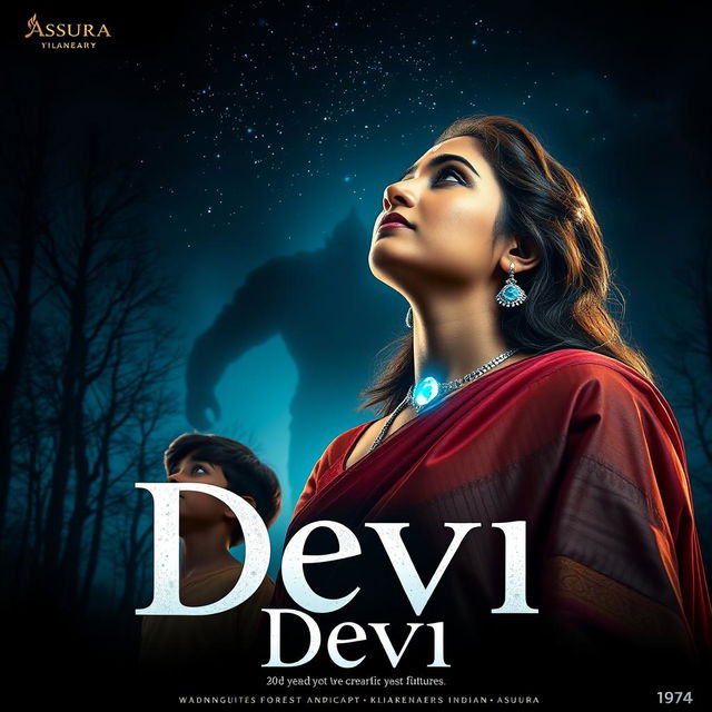 A captivating film poster titled 'Devi', featuring a beautiful 30-year-old unmarried Indian woman dressed in an elegant saari and blouse