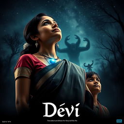 A captivating film poster titled 'Devi', featuring a beautiful 30-year-old unmarried Indian woman dressed in an elegant saari and blouse