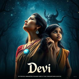 A captivating film poster titled 'Devi', featuring a beautiful 30-year-old unmarried Indian woman dressed in an elegant saari and blouse