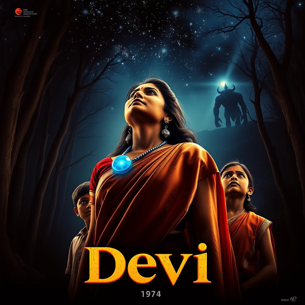 A striking film poster titled 'Devi', depicting a beautiful 30-year-old unmarried Indian woman dressed in an exquisite saari and blouse