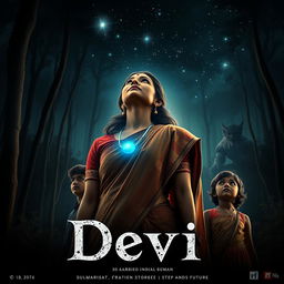 A striking film poster titled 'Devi', depicting a beautiful 30-year-old unmarried Indian woman dressed in an exquisite saari and blouse