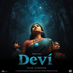 A striking film poster titled 'Devi', depicting a beautiful 30-year-old unmarried Indian woman dressed in an exquisite saari and blouse