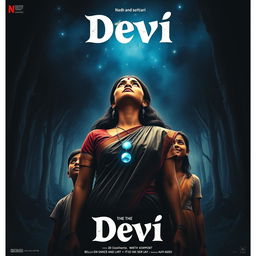 A striking film poster titled 'Devi', depicting a beautiful 30-year-old unmarried Indian woman dressed in an exquisite saari and blouse