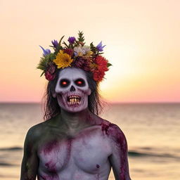 A zombie adorned with a vibrant floral headpiece, standing on a beach with the golden hue of sunrise lighting the background.