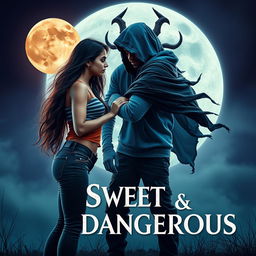 A captivating cinematic fantasy film poster titled 'Sweet & Dangerous', featuring a stunning 27-year-old Indian girl with long, beautiful hair, dressed in a trendy modern top and fitted jeans