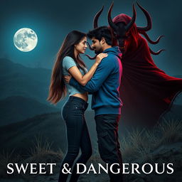 A captivating cinematic fantasy film poster titled 'Sweet & Dangerous', featuring a stunning 27-year-old Indian girl with long, beautiful hair, dressed in a trendy modern top and fitted jeans