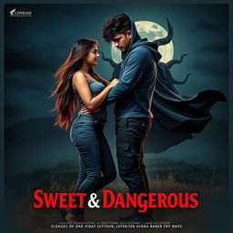 A captivating cinematic fantasy film poster titled 'Sweet & Dangerous', featuring a stunning 27-year-old Indian girl with long, beautiful hair, dressed in a trendy modern top and fitted jeans