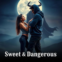 A captivating cinematic fantasy film poster titled 'Sweet & Dangerous', featuring a stunning 27-year-old Indian girl with long, beautiful hair, dressed in a trendy modern top and fitted jeans