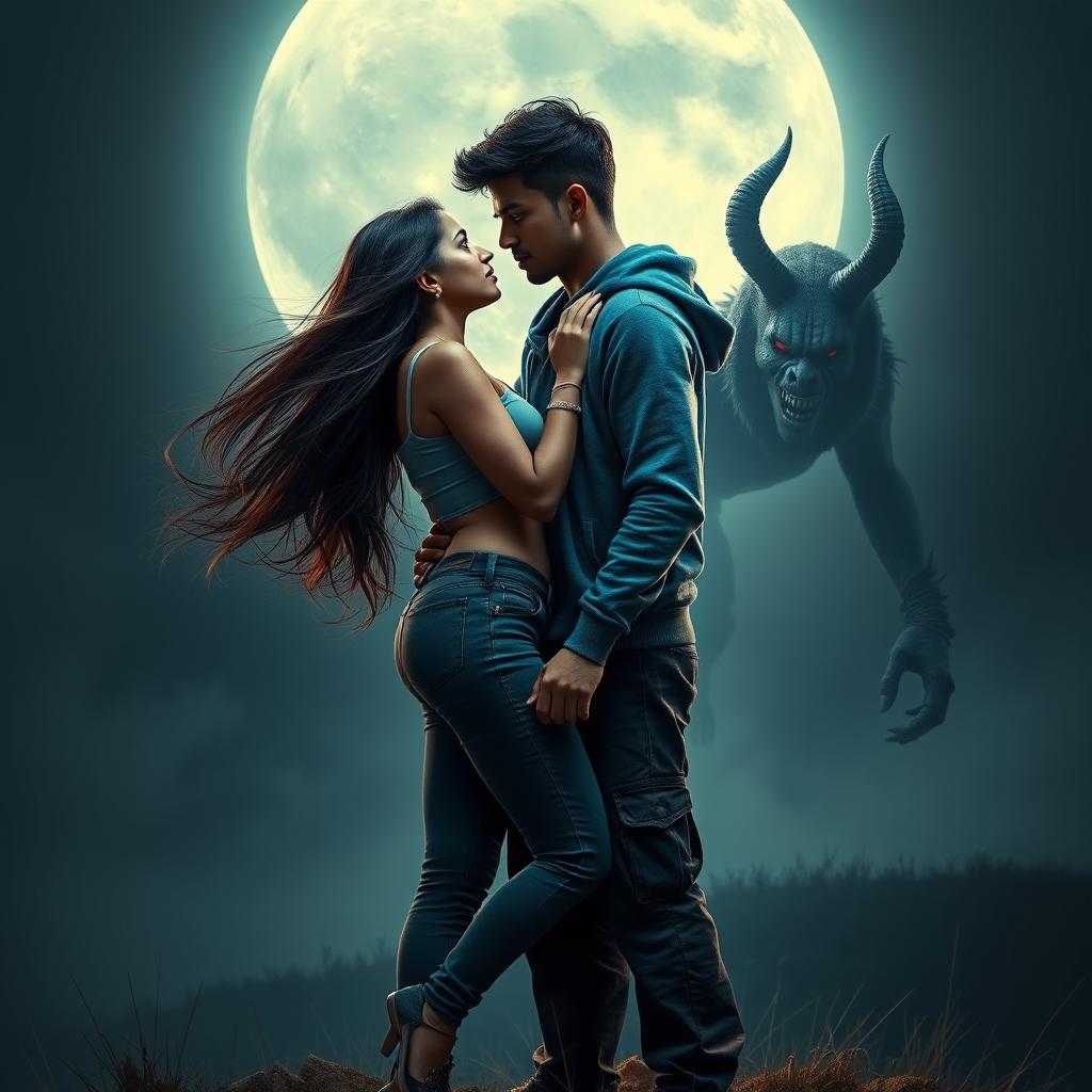 A cinematic fantasy film poster without any text, featuring a beautiful 27-year-old Indian girl with long, flowing hair, clad in a stylish modern top and fitted jeans