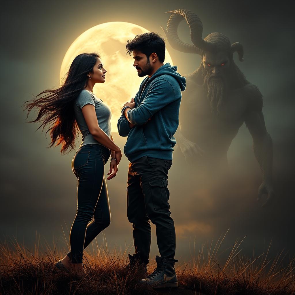 A cinematic fantasy film poster without any text, featuring a beautiful 27-year-old Indian girl with long, flowing hair, clad in a stylish modern top and fitted jeans