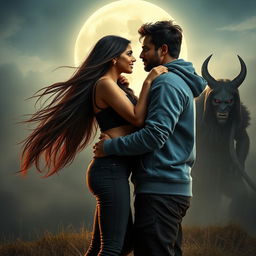 A cinematic fantasy film poster without any text, featuring a beautiful 27-year-old Indian girl with long, flowing hair, clad in a stylish modern top and fitted jeans