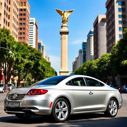 A silver 2012 Volkswagen Passat CC parked behind the iconic 'El Ángel de la Independencia' monument in Mexico City