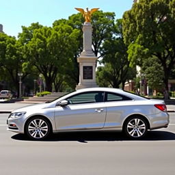 A silver 2012 Volkswagen Passat CC parked behind the iconic 'El Ángel de la Independencia' monument in Mexico City