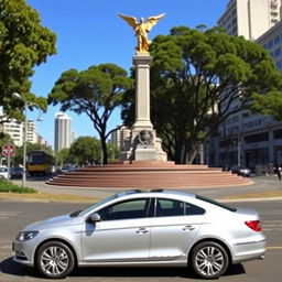 A silver 2012 Volkswagen Passat CC parked behind the iconic 'El Ángel de la Independencia' monument in Mexico City