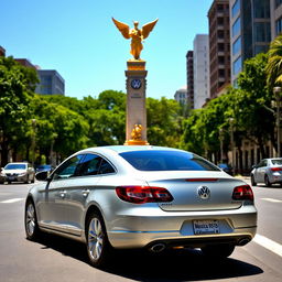 A silver 2012 Volkswagen Passat CC parked behind the iconic 'El Ángel de la Independencia' monument in Mexico City