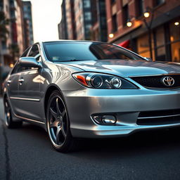 A sleek 2003 Toyota Camry LE with a shiny, polished exterior parked in an urban setting