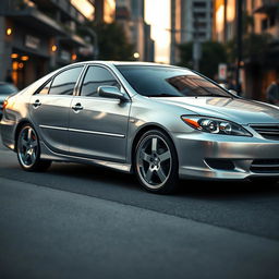 A sleek 2003 Toyota Camry LE with a shiny, polished exterior parked in an urban setting