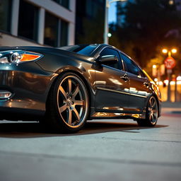 A sleek 2003 Toyota Camry LE with a shiny, polished exterior parked in an urban setting