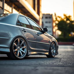 A sleek 2003 Toyota Camry LE with a shiny, polished exterior parked in an urban setting