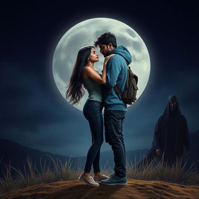 A cinematic fantasy film poster without any text, showcasing a beautiful 27-year-old Indian girl with long, flowing hair, dressed in a stylish modern top and fitted jeans, both wearing shoes