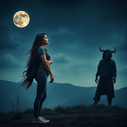 A cinematic fantasy film poster without any text, showcasing a beautiful 27-year-old Indian girl with long, flowing hair, dressed in a stylish modern top and fitted jeans, both wearing shoes