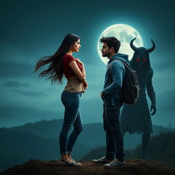 A cinematic fantasy film poster without any text, showcasing a beautiful 27-year-old Indian girl with long, flowing hair, dressed in a stylish modern top and fitted jeans, both wearing shoes