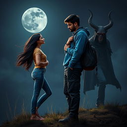 A cinematic fantasy film poster without any text, showcasing a beautiful 27-year-old Indian girl with long, flowing hair, dressed in a stylish modern top and fitted jeans, both wearing shoes