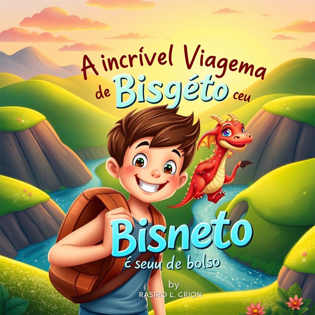 A vibrant and enchanting eBook cover for a children's book titled 'A Incrível Viagem de Bisneto e Seu Dragão de Bolso'