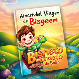 A vibrant and enchanting eBook cover for a children's book titled 'A Incrível Viagem de Bisneto e Seu Dragão de Bolso'