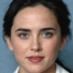 Generate an image of Jennifer Connelly's face, maintaining her characteristic features and expressions, set on a child's body.