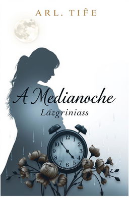 A book cover design for 'A Medianoche, Lágrimas Silenciosas' featuring a bright moon illuminating a white background symbolizing midnight